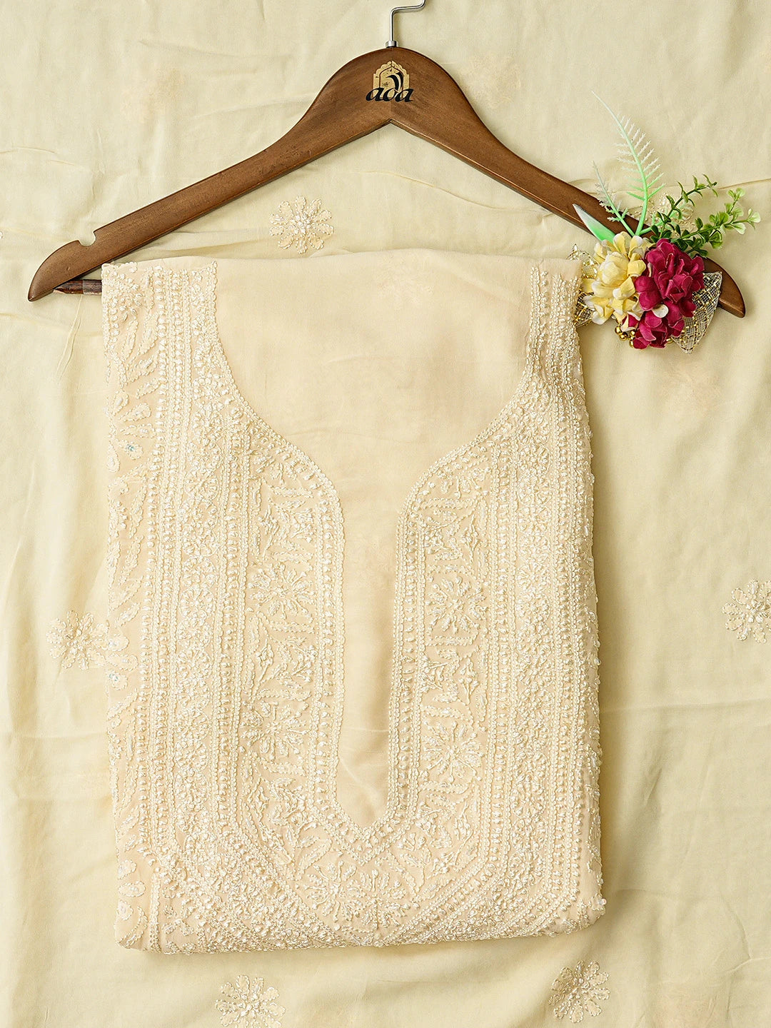 Ada Hand Embroidered Beige Viscose Georgette Lucknowi Chikankari Unstitched Kurta Dupatta Set With Cutdana Work A511687