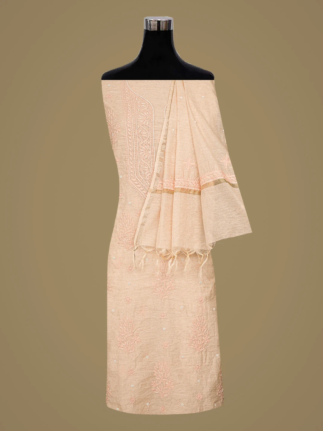 Ada Hand Embroidered Dusty Pink Chanderi Lucknowi Chikankari Unstitched Kurta Dupatta Set With Cutdana Work 01A850081