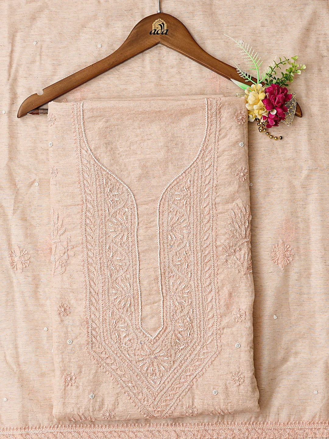 Ada Hand Embroidered Dusty Pink Chanderi Lucknowi Chikankari Unstitched Kurta Dupatta Set With Cutdana Work 01A850081