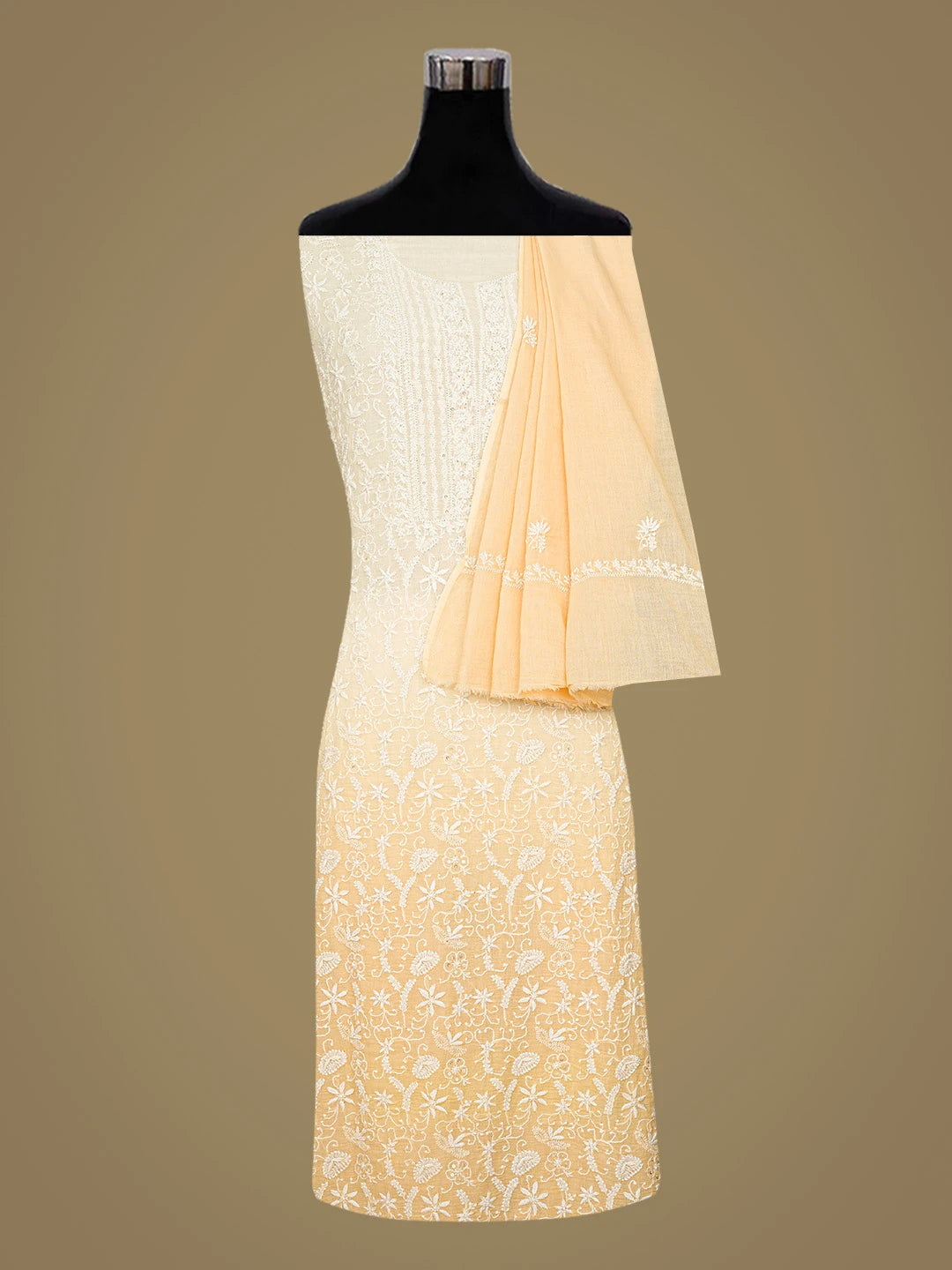 Ada Hand Embroidered Beige Cotton Lucknowi Chikankari Unstitched Kurta Dupatta Set With Cutdana Work 01A593551