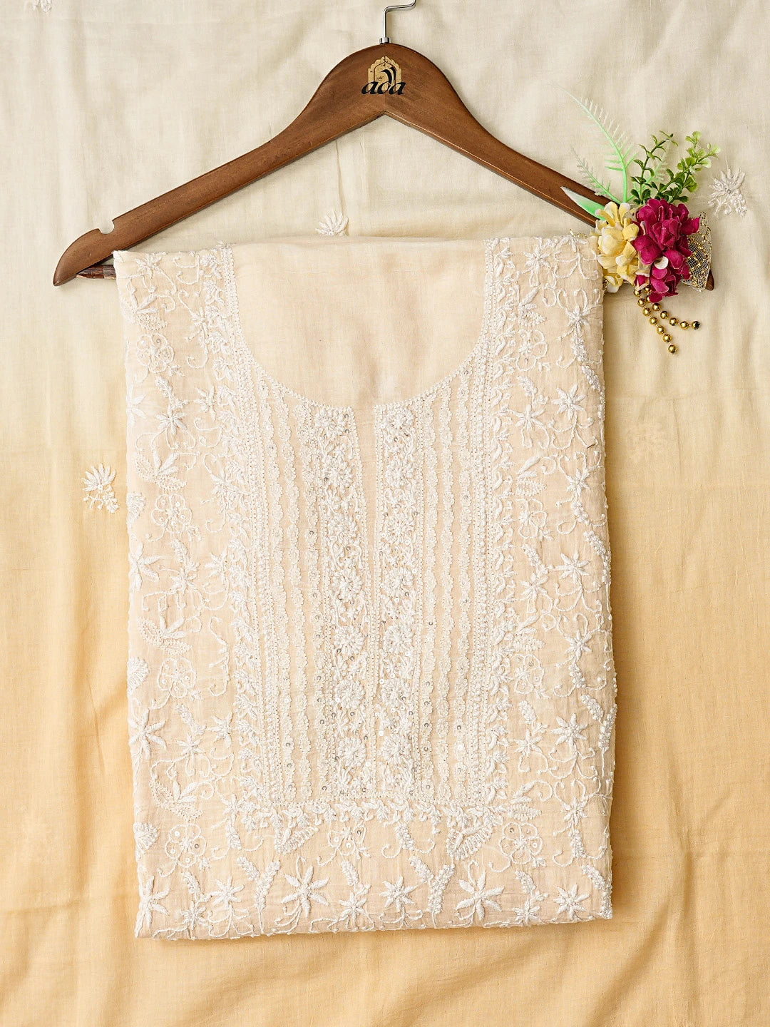 Ada Hand Embroidered Beige Cotton Lucknowi Chikankari Unstitched Kurta Dupatta Set With Cutdana Work 01A593551