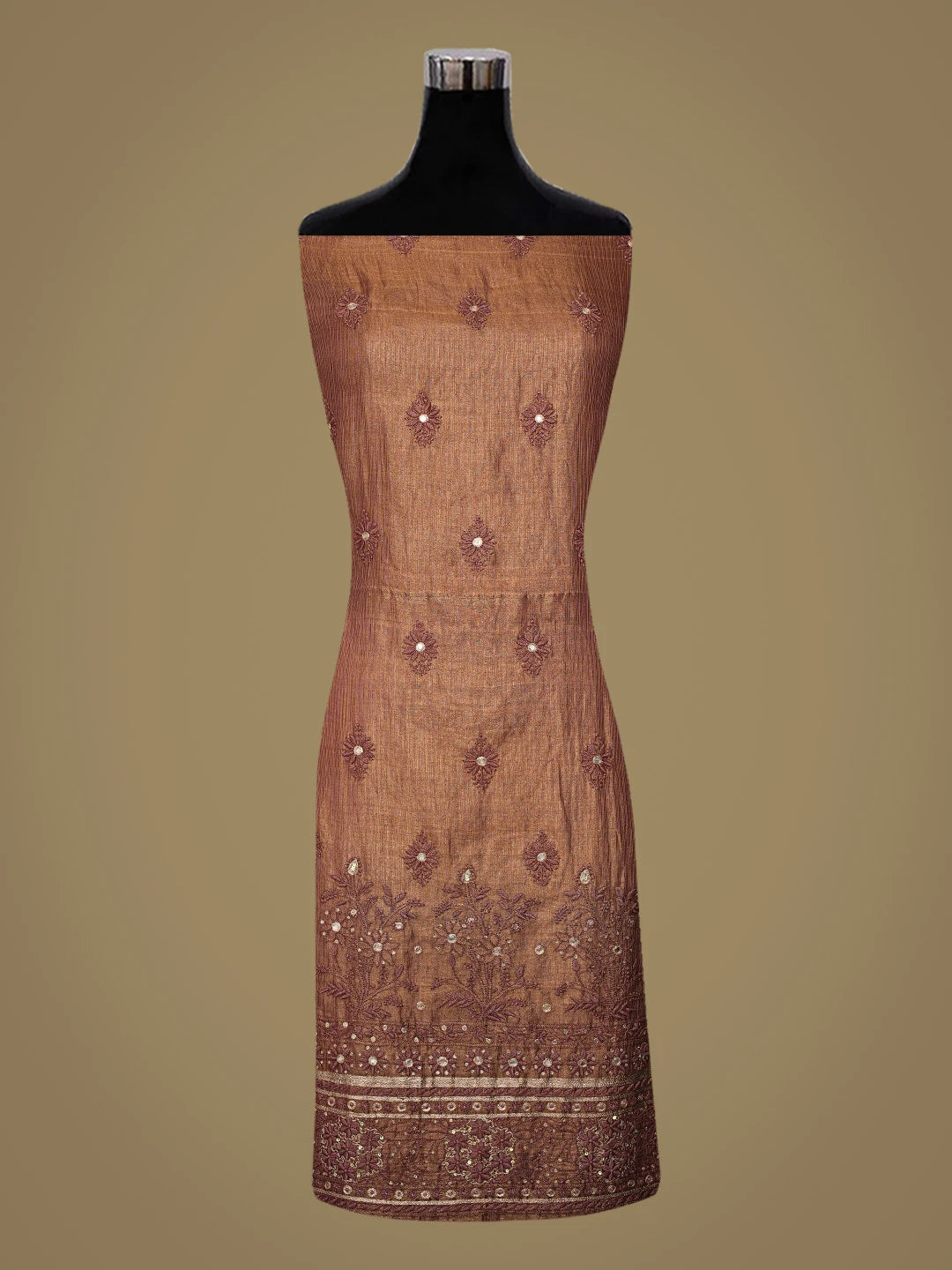 Ada Hand Embroidered Brown Tissue Lucknowi Chikankari Unstitched Kurta Dupatta Set With Mirror Work 01A332228