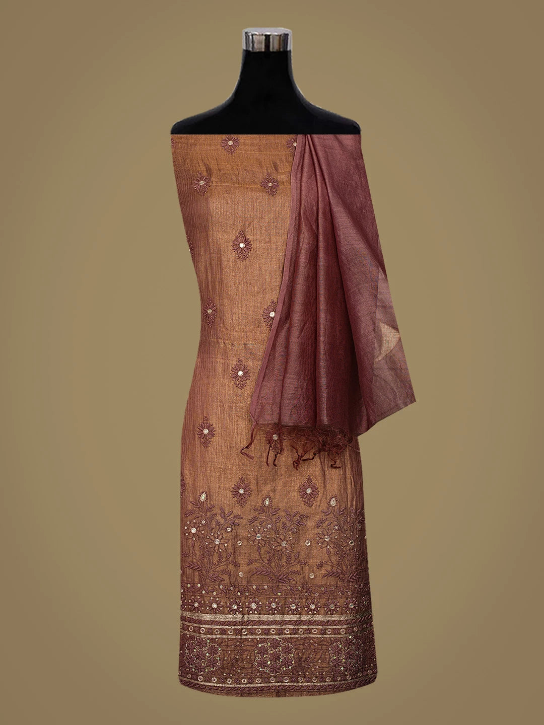 Ada Hand Embroidered Brown Tissue Lucknowi Chikankari Unstitched Kurta Dupatta Set With Mirror Work 01A332228