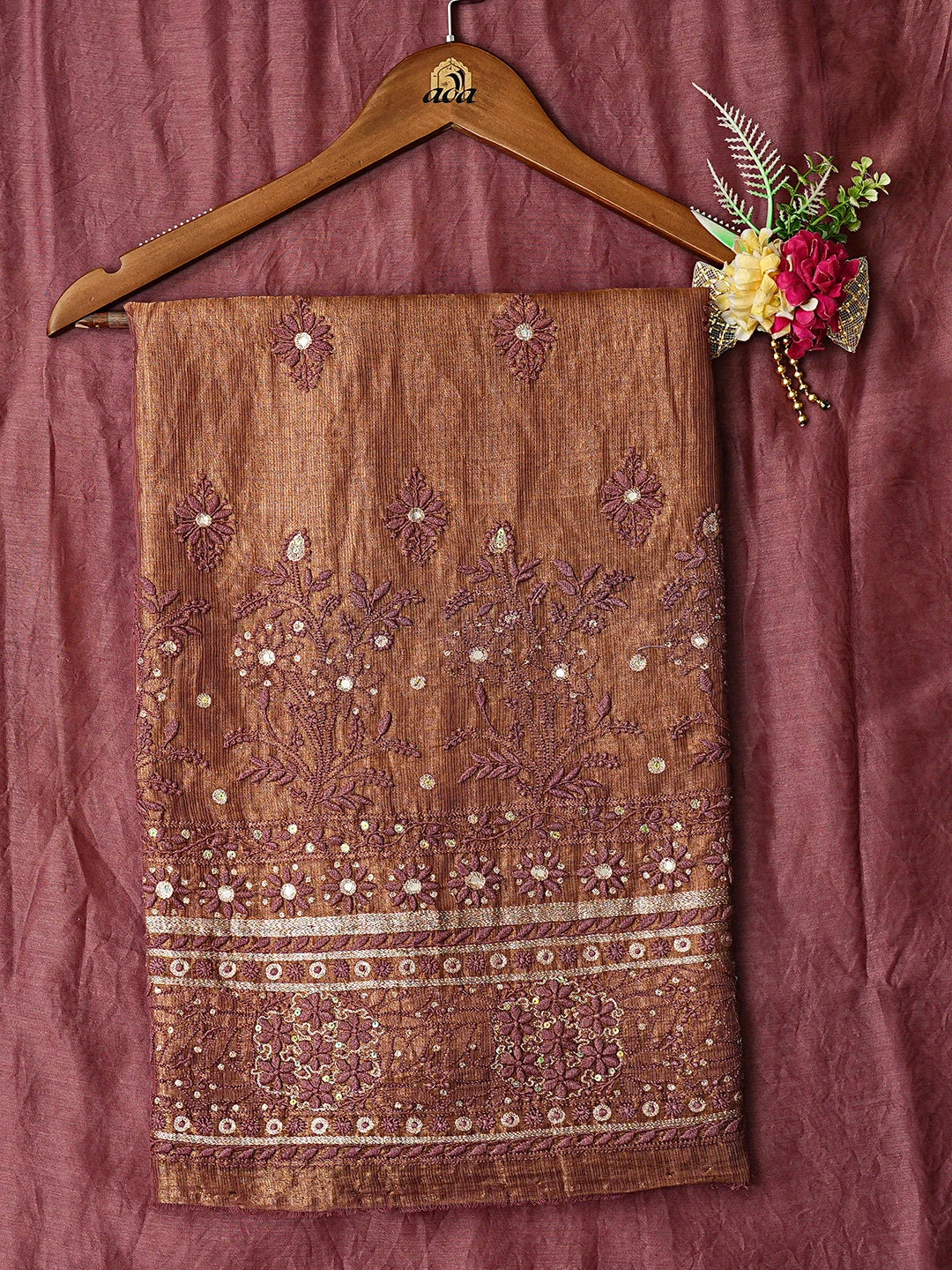 Ada Hand Embroidered Brown Tissue Lucknowi Chikankari Unstitched Kurta Dupatta Set With Mirror Work 01A332228
