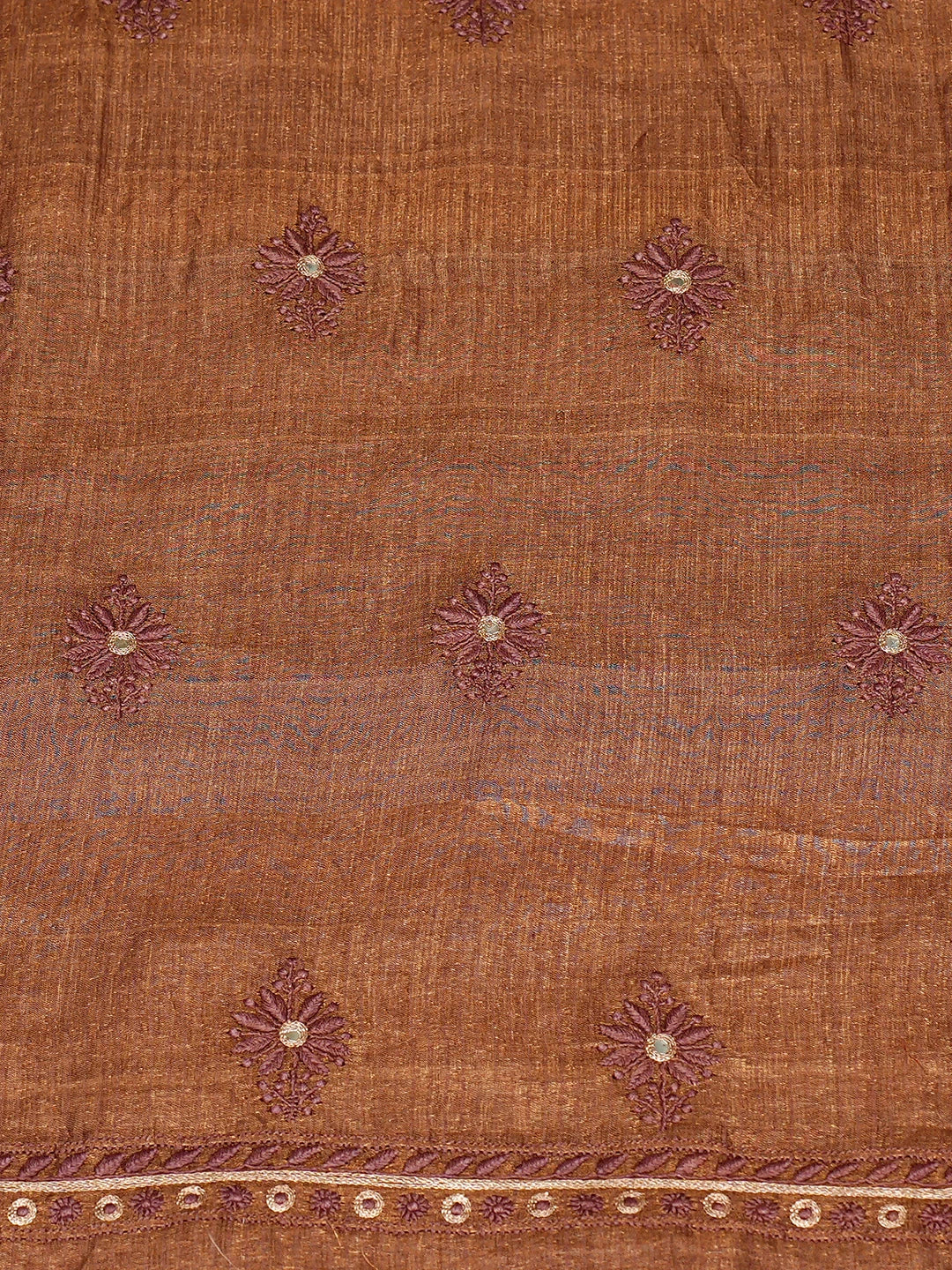 Ada Hand Embroidered Brown Tissue Lucknowi Chikankari Unstitched Kurta Dupatta Set With Mirror Work 01A332228