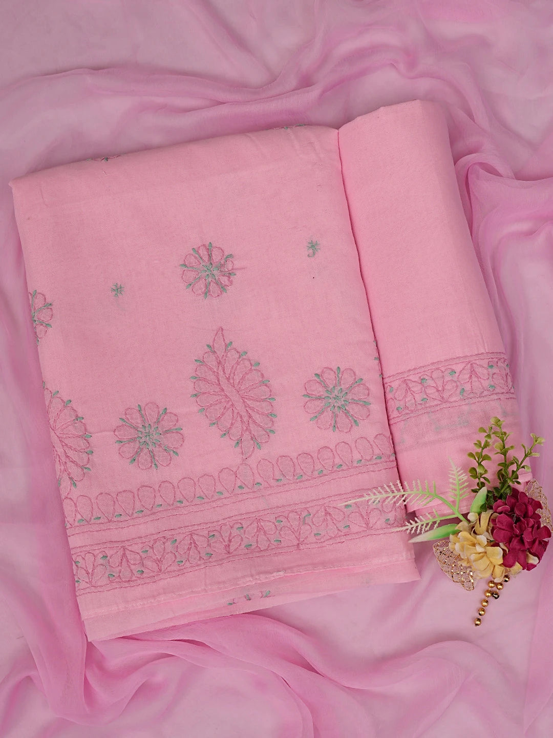 Ada Hand Embroidered Pink Cotton Lucknowi Chikankari Unstitched Suit Piece 01A818719