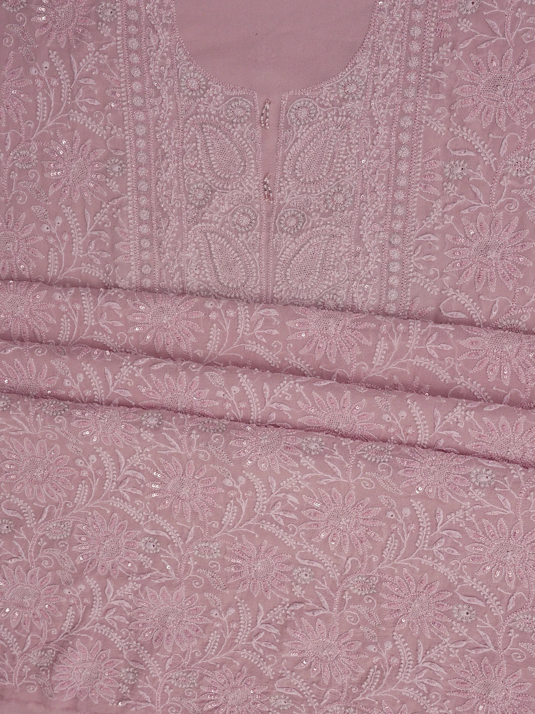Ada Hand Embroidered Dusty Peach Pure Georgette Lucknowi Chikankari Unstitched Kurta Dupatta Set With Sequinned Work 01A580670
