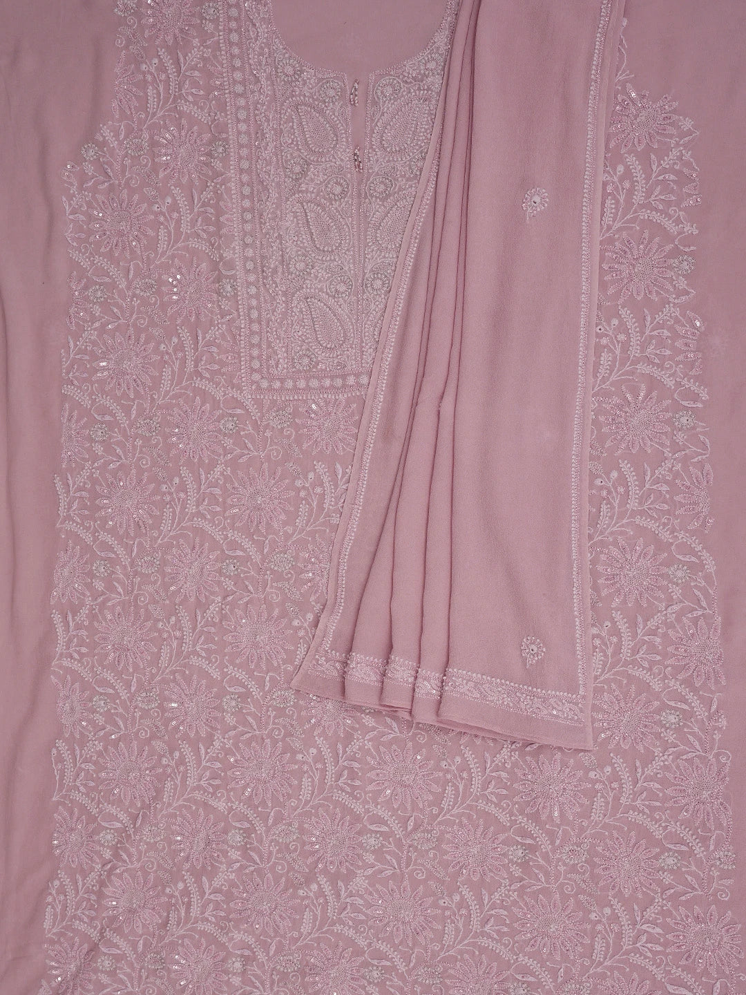 Ada Hand Embroidered Dusty Peach Pure Georgette Lucknowi Chikankari Unstitched Kurta Dupatta Set With Sequinned Work 01A580670