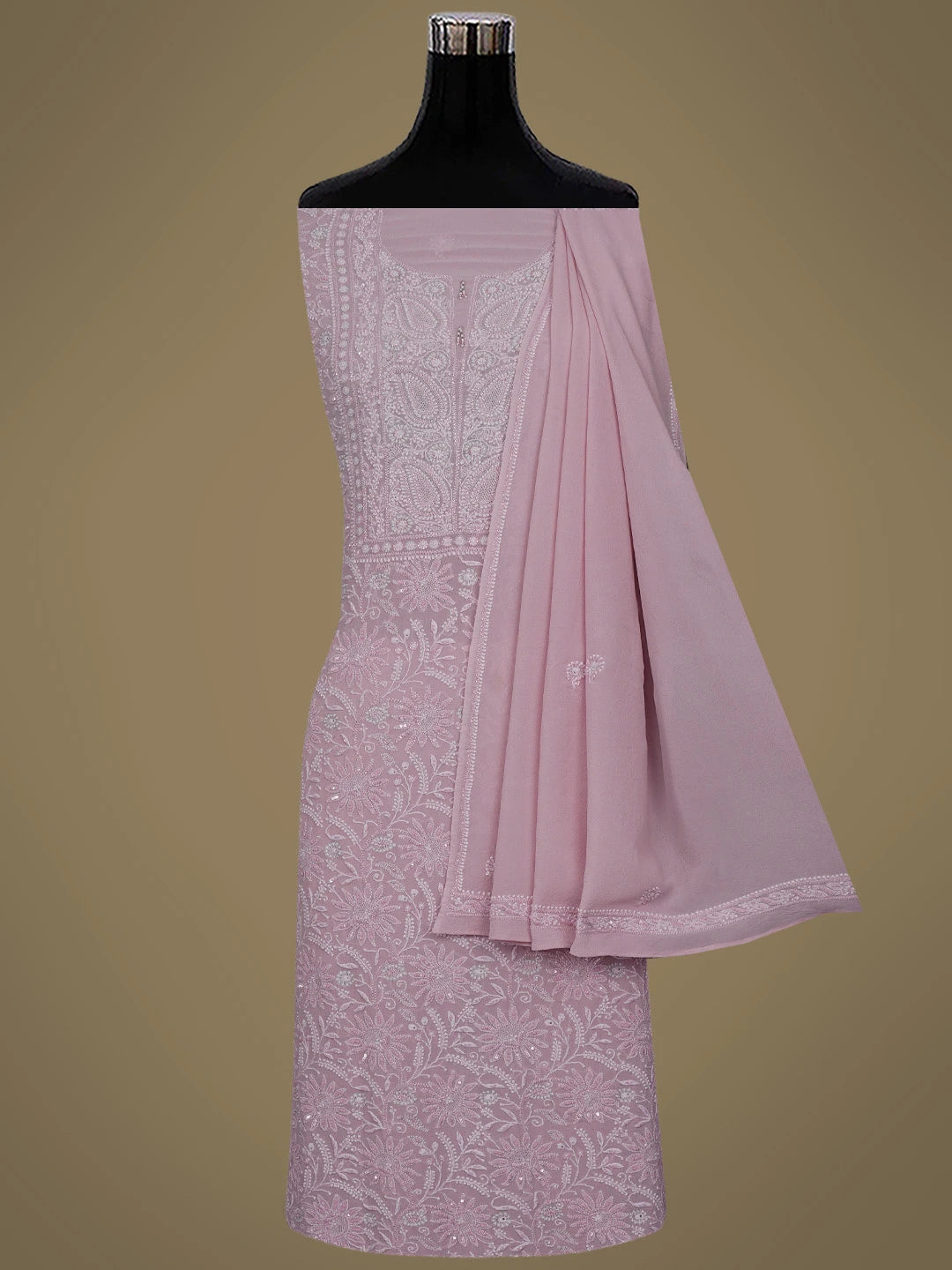 Ada Hand Embroidered Dusty Peach Pure Georgette Lucknowi Chikankari Unstitched Kurta Dupatta Set With Sequinned Work 01A580670