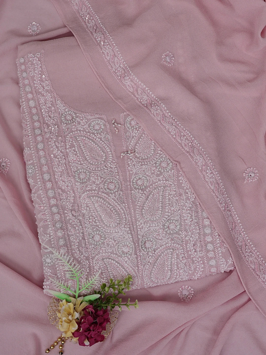 Ada Hand Embroidered Dusty Peach Pure Georgette Lucknowi Chikankari Unstitched Kurta Dupatta Set With Sequinned Work 01A580670