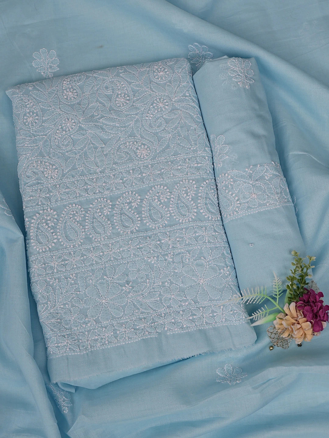 Ada Hand Embroidered Blue Cotton Lucknowi Chikankari Unstitched Suit Piece 01A762316