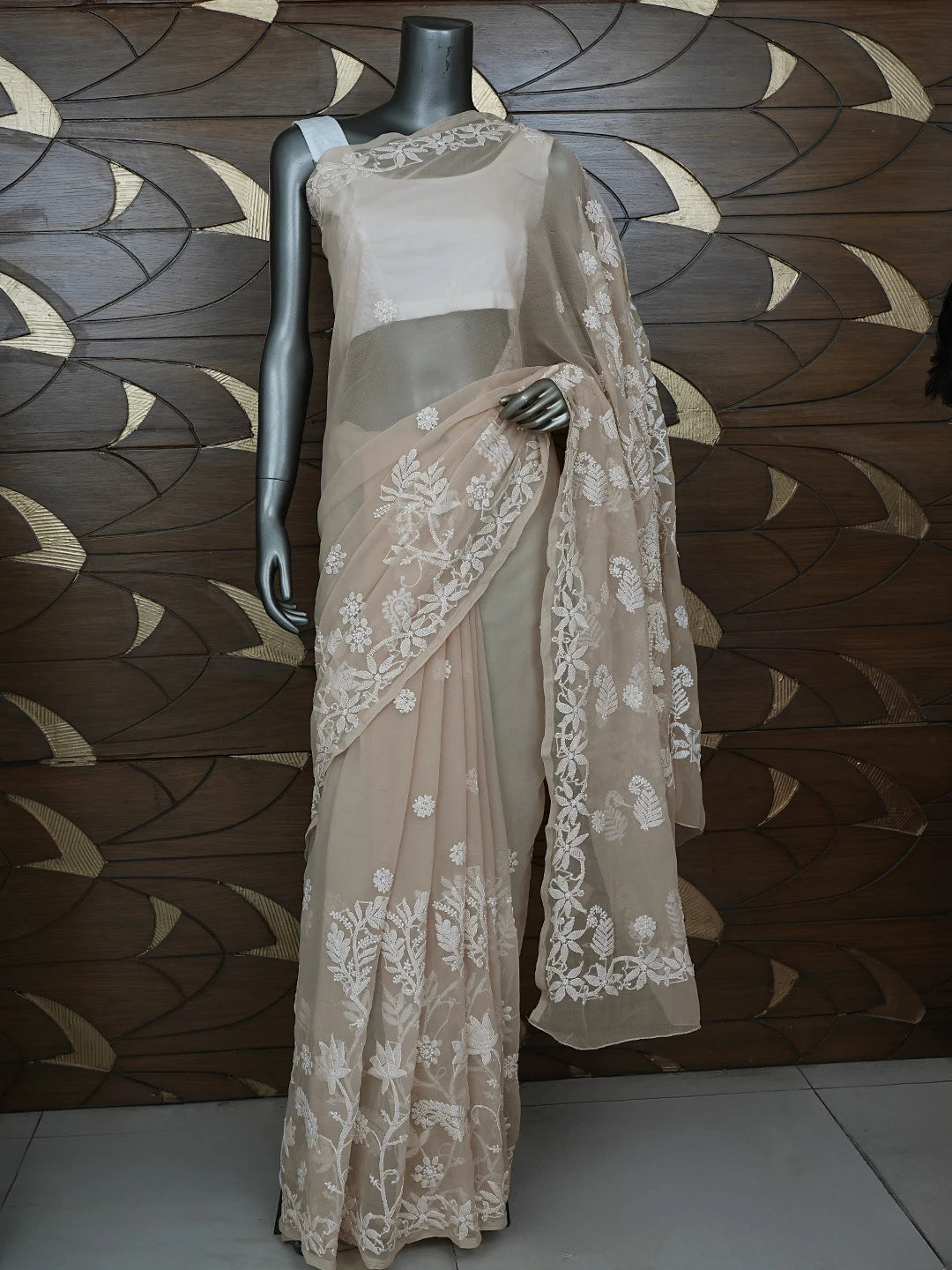 Ada Hand Embroidered Fawn Georgette Lucknowi Chikankari Saree With Blouse 01A867569