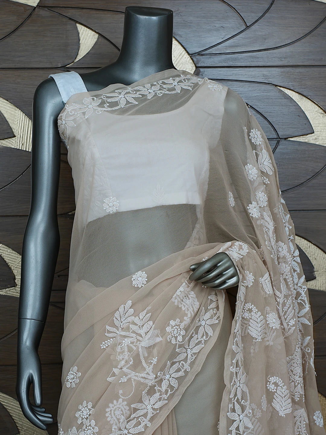 Ada Hand Embroidered Fawn Georgette Lucknowi Chikankari Saree With Blouse 01A867569