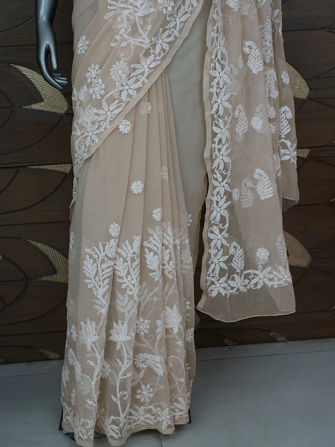 Ada Hand Embroidered Fawn Georgette Lucknowi Chikankari Saree With Blouse 01A867569