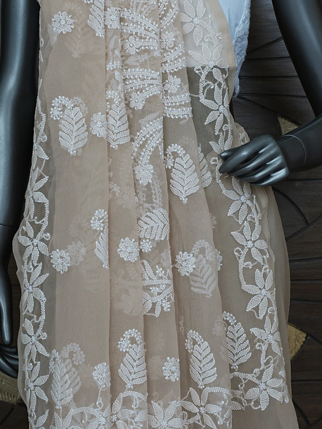 Ada Hand Embroidered Fawn Georgette Lucknowi Chikankari Saree With Blouse 01A867569