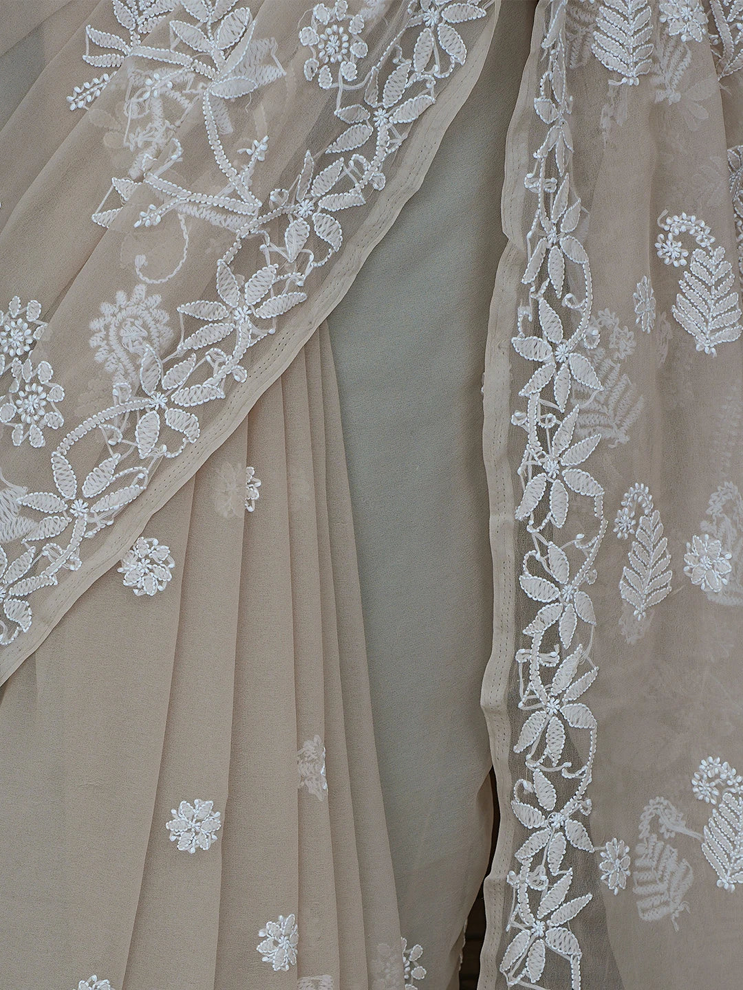 Ada Hand Embroidered Fawn Georgette Lucknowi Chikankari Saree With Blouse 01A867569