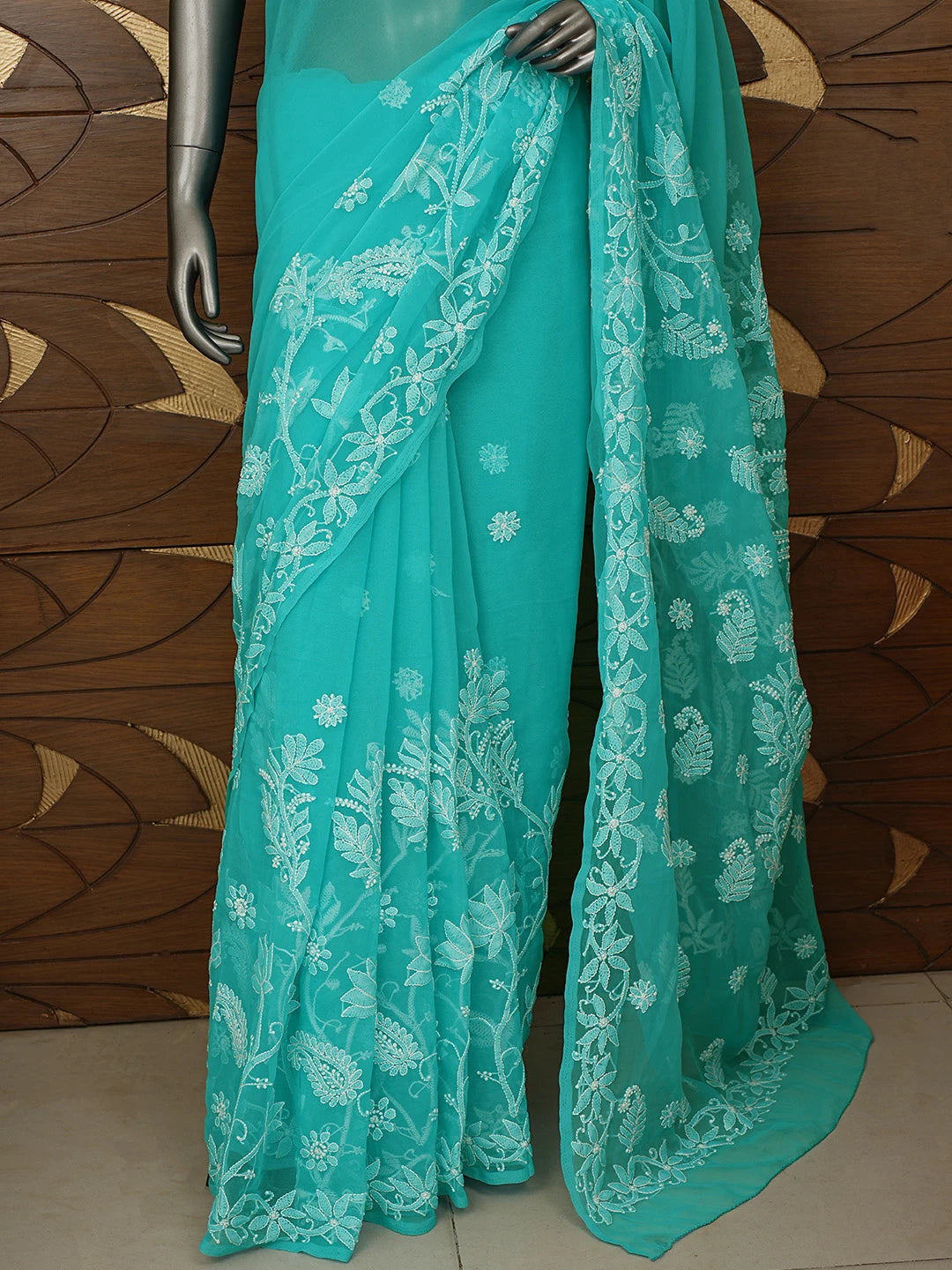 Ada Hand Embroidered Blue Georgette Lucknowi Chikankari Saree With Blouse 01A867572