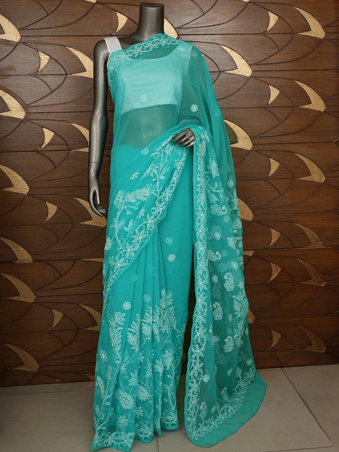 Ada Hand Embroidered Blue Georgette Lucknowi Chikankari Saree With Blouse 01A867572