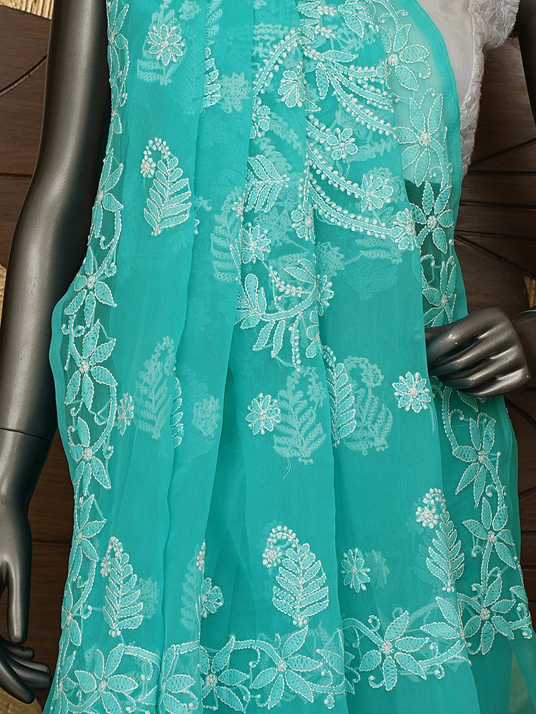 Ada Hand Embroidered Blue Georgette Lucknowi Chikankari Saree With Blouse 01A867572