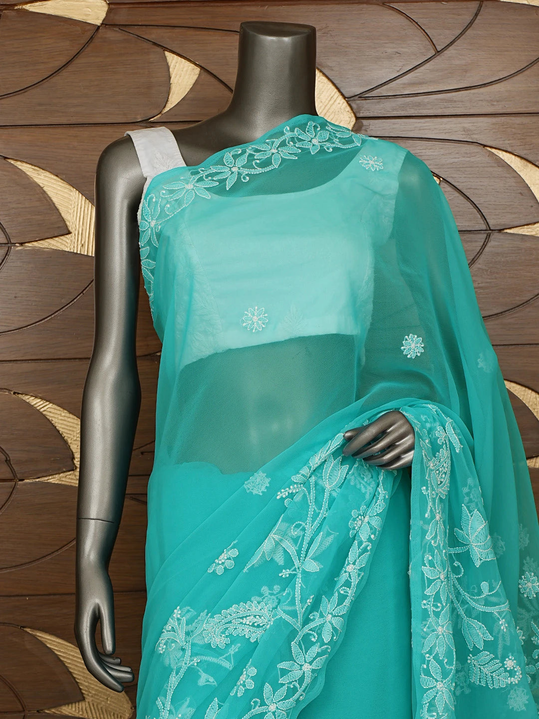 Ada Hand Embroidered Blue Georgette Lucknowi Chikankari Saree With Blouse 01A867572