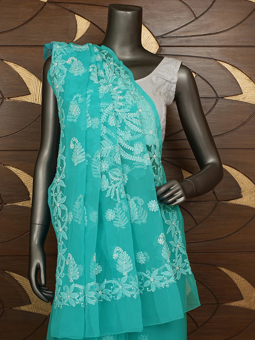Ada Hand Embroidered Blue Georgette Lucknowi Chikankari Saree With Blouse 01A867572