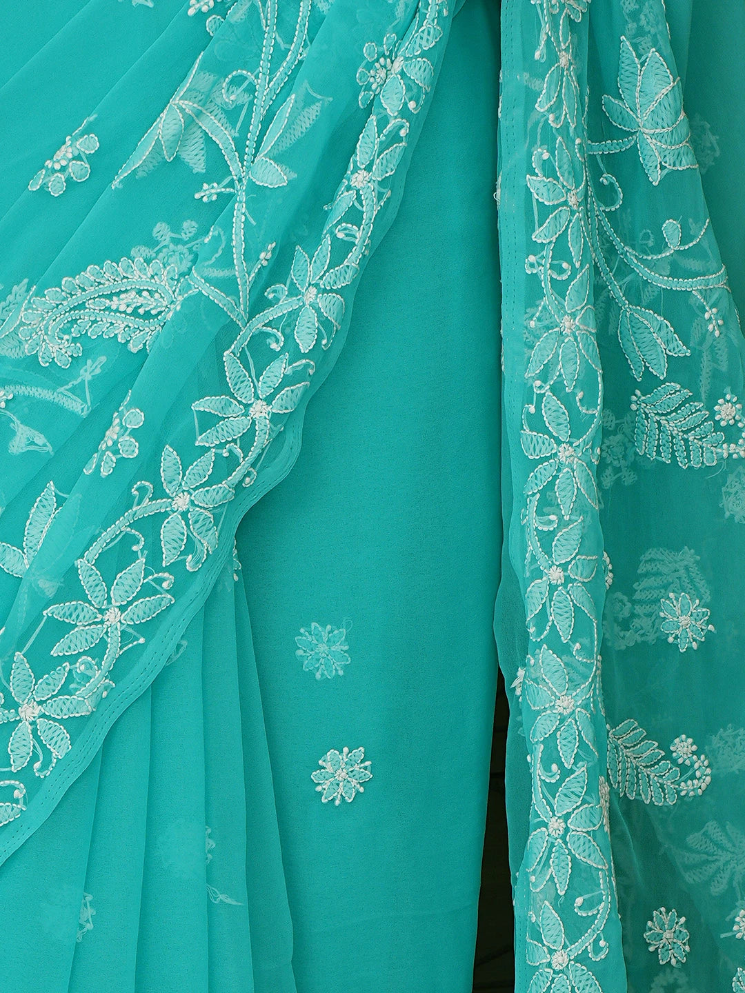 Ada Hand Embroidered Blue Georgette Lucknowi Chikankari Saree With Blouse 01A867572