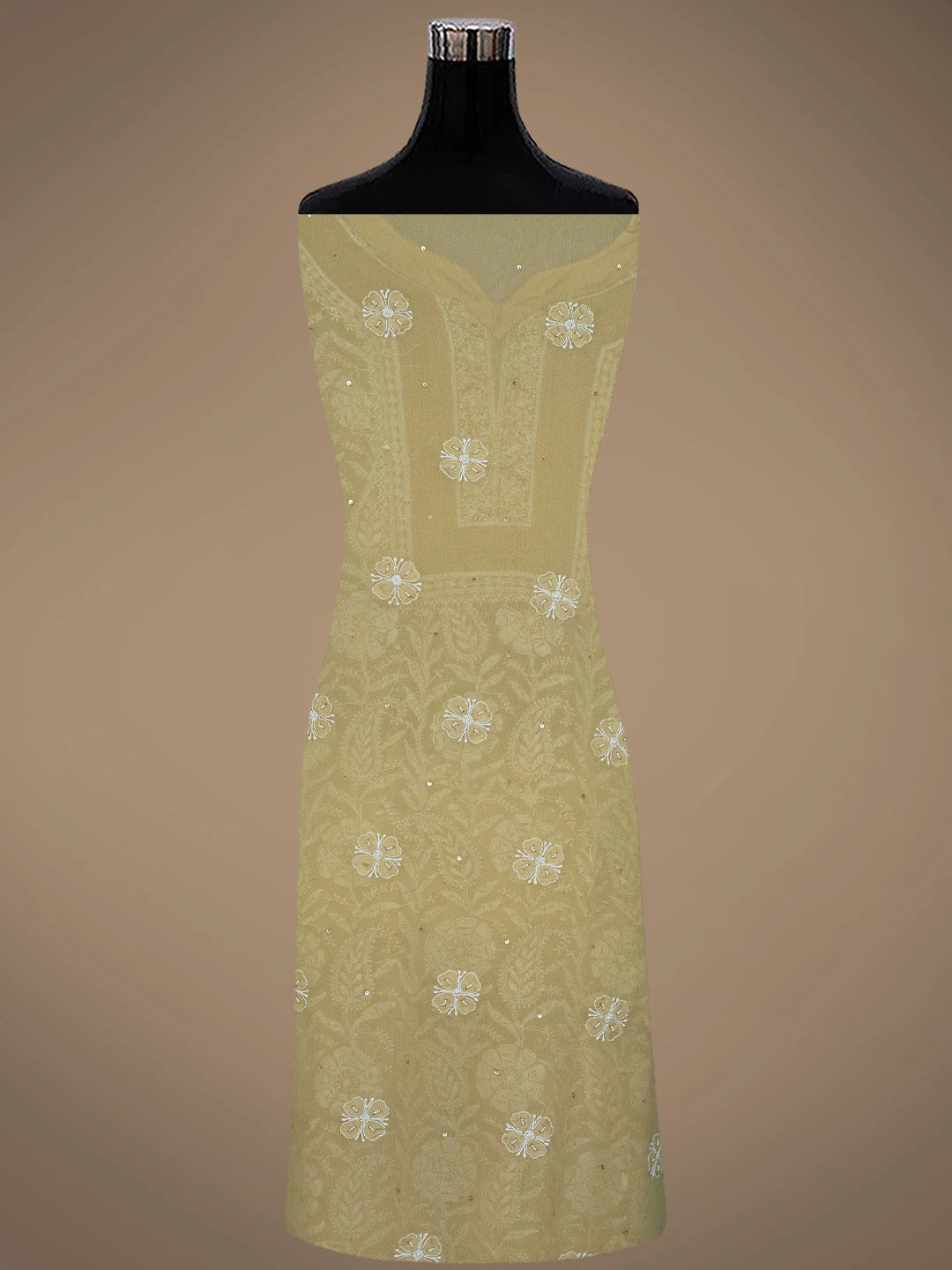 Ada Hand Embroidered Fawn Pure Georgette Lucknowi Chikankari Unstitched Kurta Dupatta Set With Pearl Work 01A244478