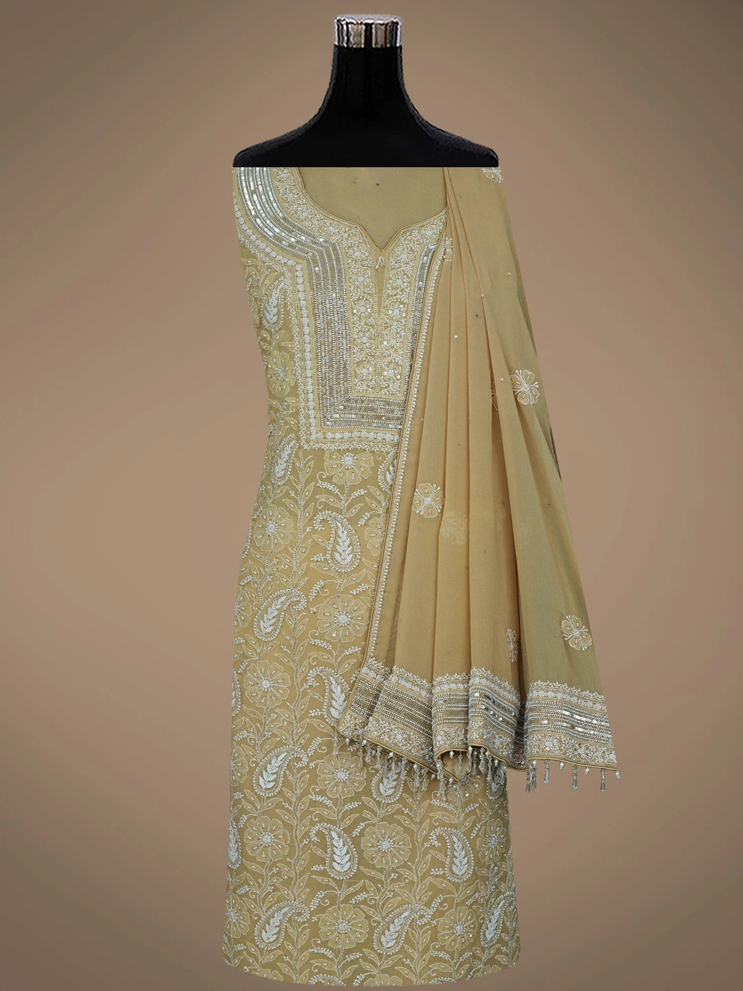 Ada Hand Embroidered Fawn Pure Georgette Lucknowi Chikankari Unstitched Kurta Dupatta Set With Pearl Work 01A244478