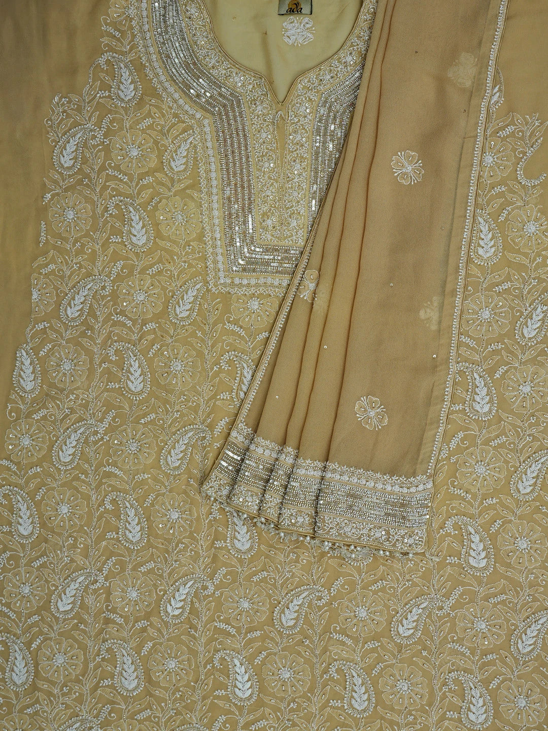 Ada Hand Embroidered Fawn Pure Georgette Lucknowi Chikankari Unstitched Kurta Dupatta Set With Pearl Work 01A244478