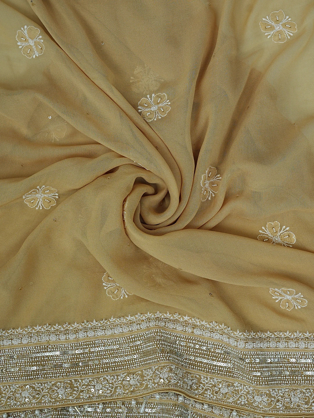 Ada Hand Embroidered Fawn Pure Georgette Lucknowi Chikankari Unstitched Kurta Dupatta Set With Pearl Work 01A244478