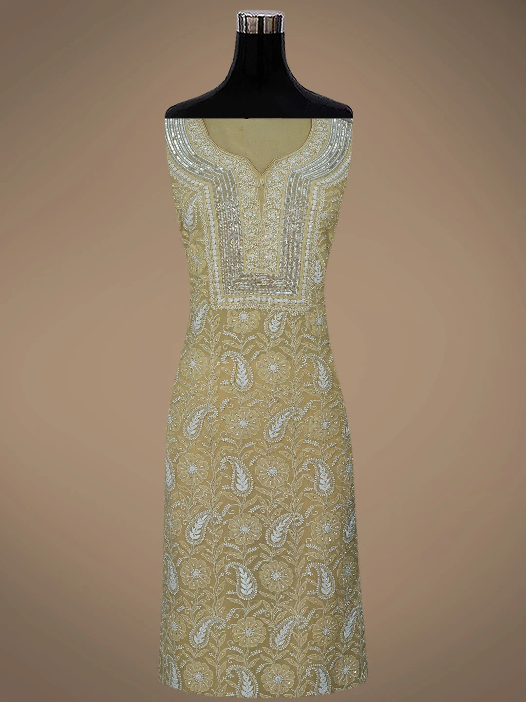 Ada Hand Embroidered Fawn Pure Georgette Lucknowi Chikankari Unstitched Kurta Dupatta Set With Pearl Work 01A244478