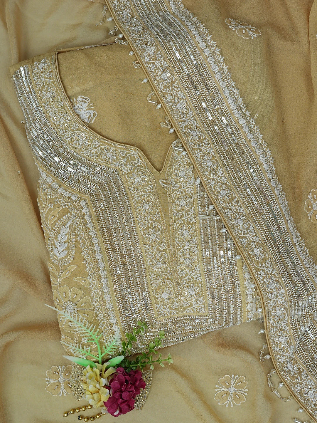 Ada Hand Embroidered Fawn Pure Georgette Lucknowi Chikankari Unstitched Kurta Dupatta Set With Pearl Work 01A244478