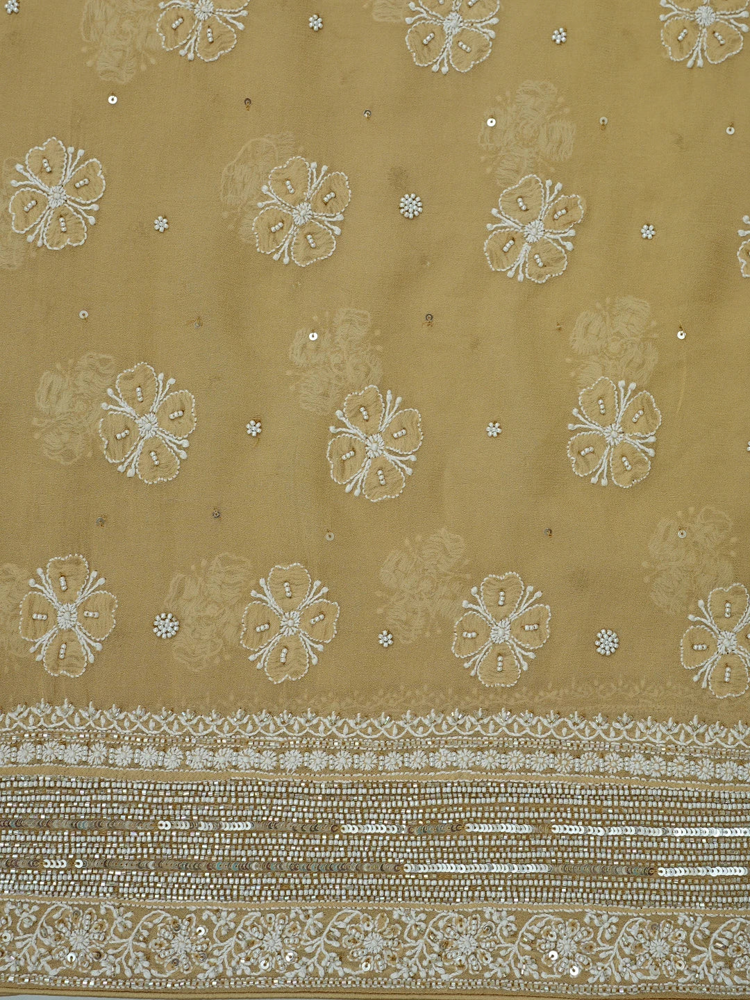 Ada Hand Embroidered Fawn Pure Georgette Lucknowi Chikankari Unstitched Kurta Dupatta Set With Pearl Work 01A244478
