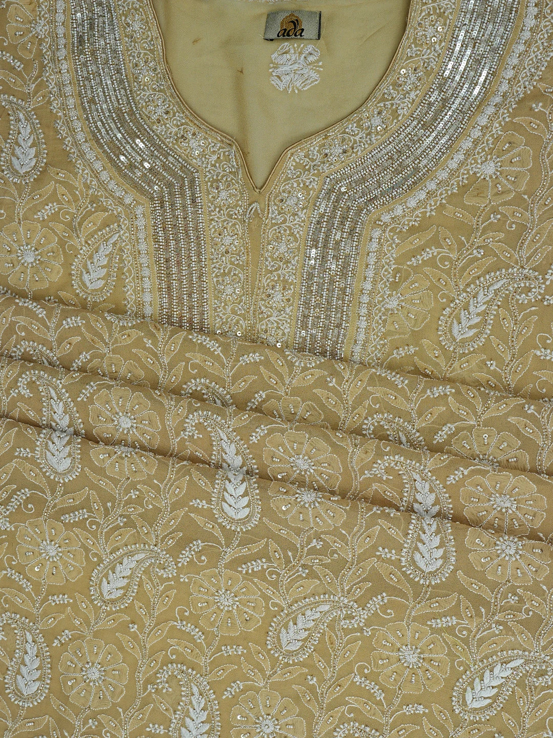 Ada Hand Embroidered Fawn Pure Georgette Lucknowi Chikankari Unstitched Kurta Dupatta Set With Pearl Work 01A244478