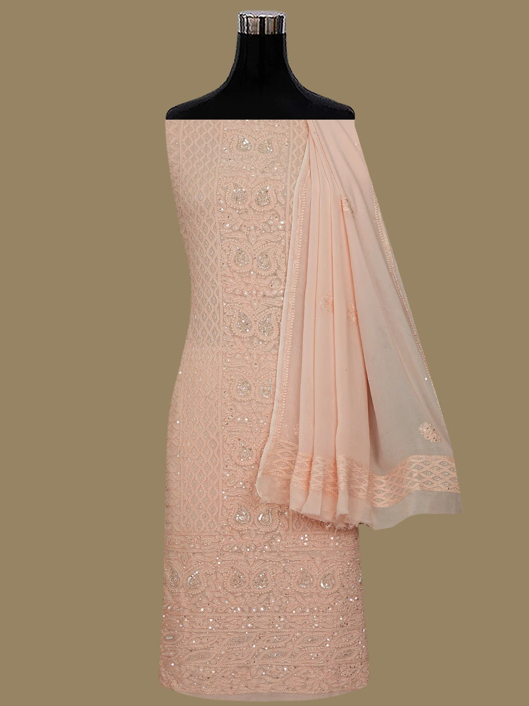 Ada Hand Embroidered Peach Viscose Georgette Lucknowi Chikankari Unstitched Kurta Dupatta Set With Cutdana Work 01A789419