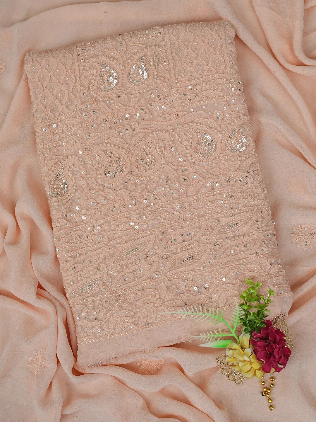 Ada Hand Embroidered Peach Viscose Georgette Lucknowi Chikankari Unstitched Kurta Dupatta Set With Cutdana Work 01A789419