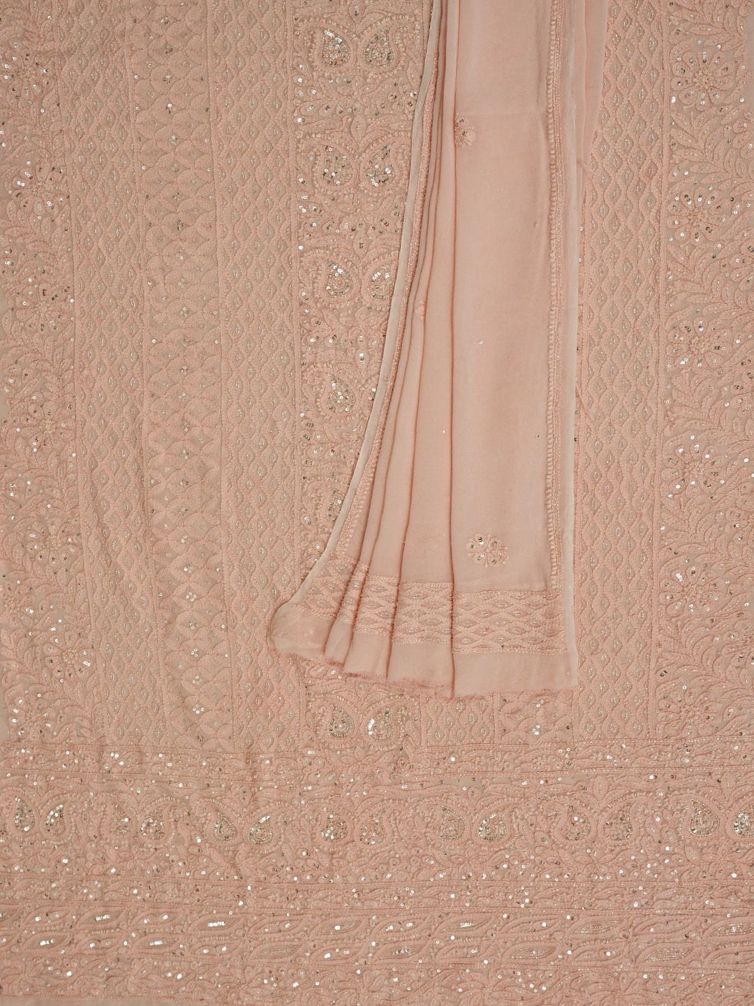 Ada Hand Embroidered Peach Viscose Georgette Lucknowi Chikankari Unstitched Kurta Dupatta Set With Cutdana Work 01A789419