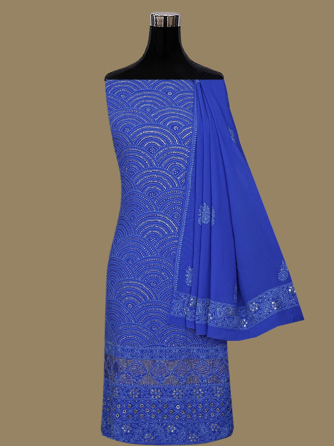 Ada Hand Embroidered Royal Blue Pure Georgette Lucknowi Chikankari Unstitched Kurta Dupatta Set With Mukaish Work 01A846085