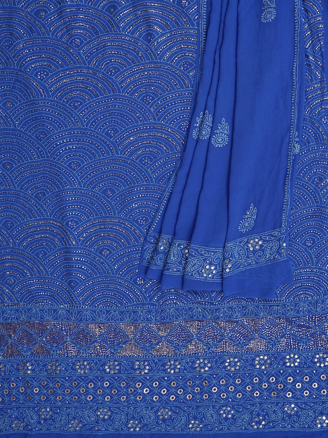 Ada Hand Embroidered Royal Blue Pure Georgette Lucknowi Chikankari Unstitched Kurta Dupatta Set With Mukaish Work 01A846085