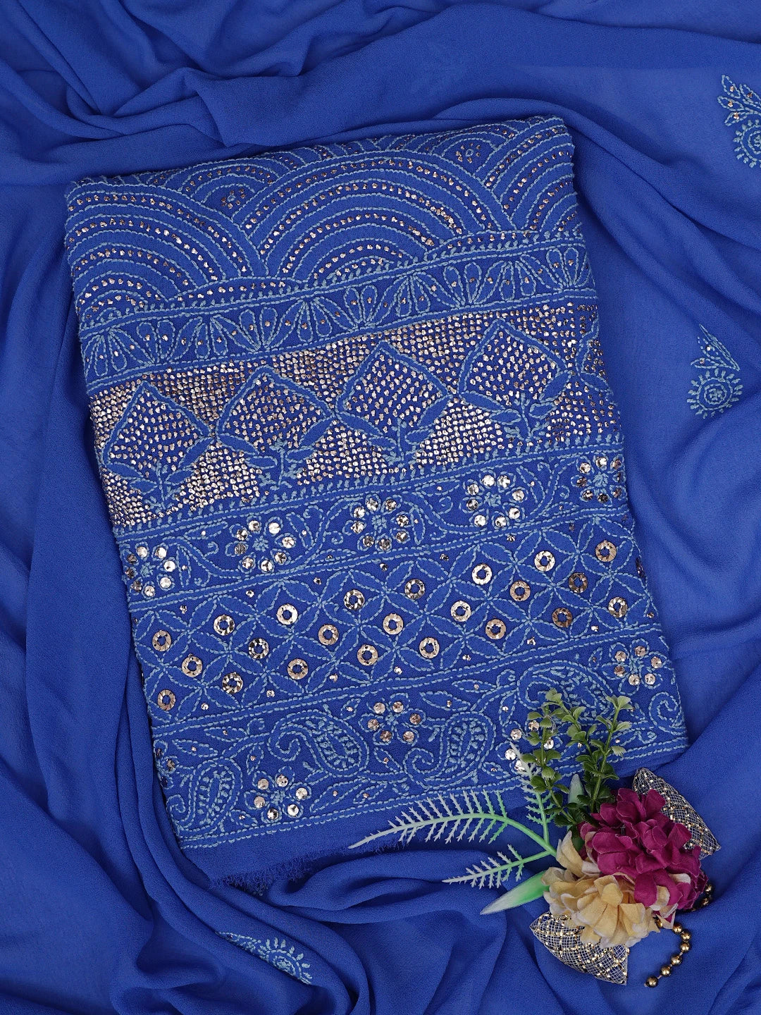 Ada Hand Embroidered Royal Blue Pure Georgette Lucknowi Chikankari Unstitched Kurta Dupatta Set With Mukaish Work 01A846085
