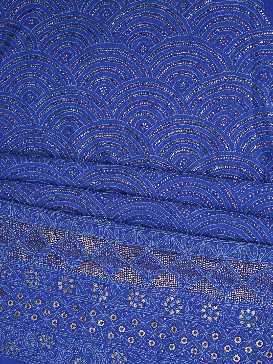 Ada Hand Embroidered Royal Blue Pure Georgette Lucknowi Chikankari Unstitched Kurta Dupatta Set With Mukaish Work 01A846085