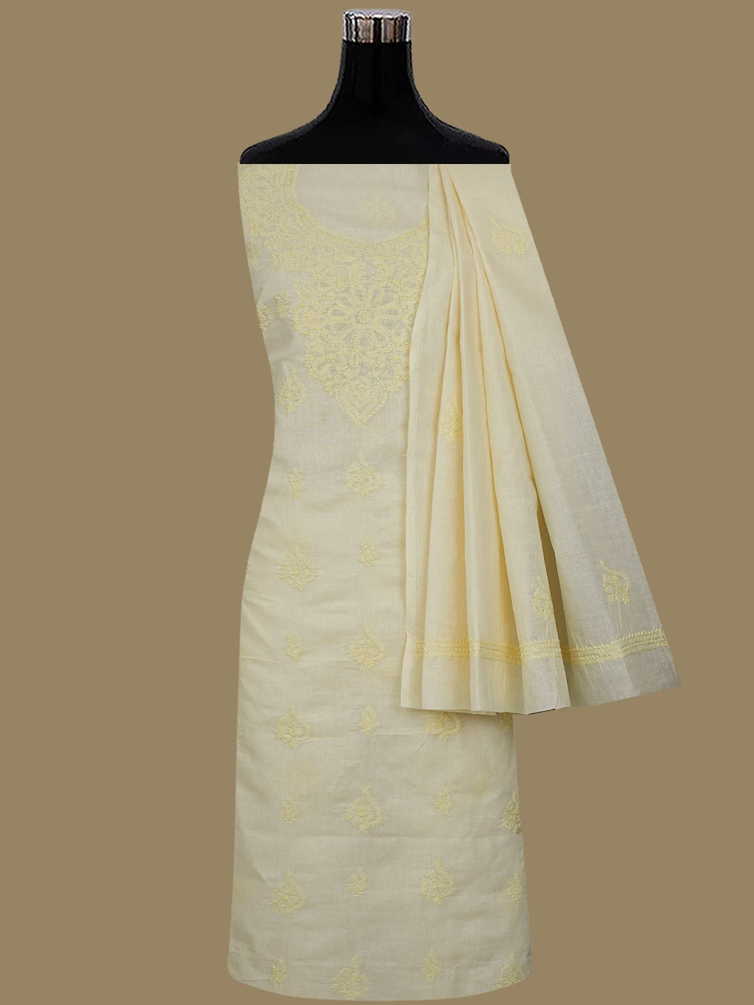 Ada Hand Embroidered Beige Cotton Lucknowi Chikankari Unstitched Suit Piece 01A867072