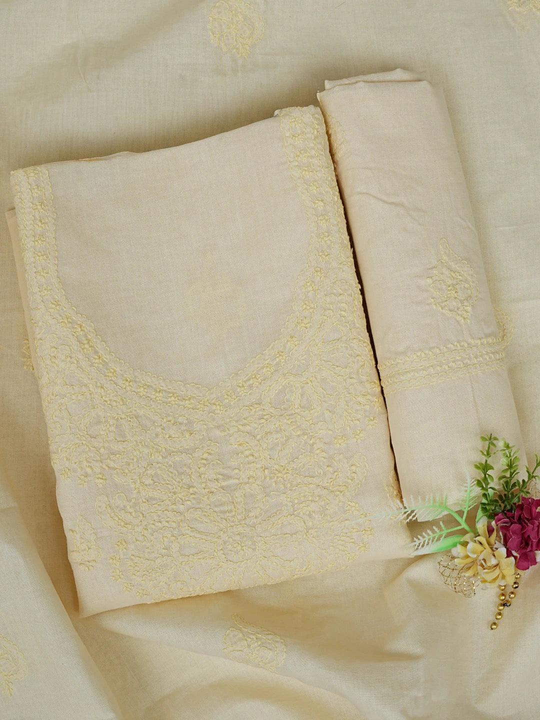 Ada Hand Embroidered Beige Cotton Lucknowi Chikankari Unstitched Suit Piece 01A867072