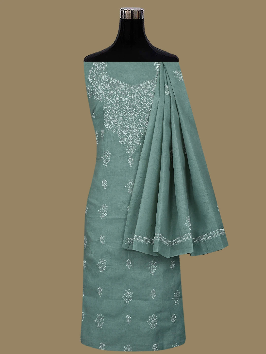 Ada Hand Embroidered Teal Green Cotton Lucknowi Chikankari Unstitched Suit Piece 01A867083