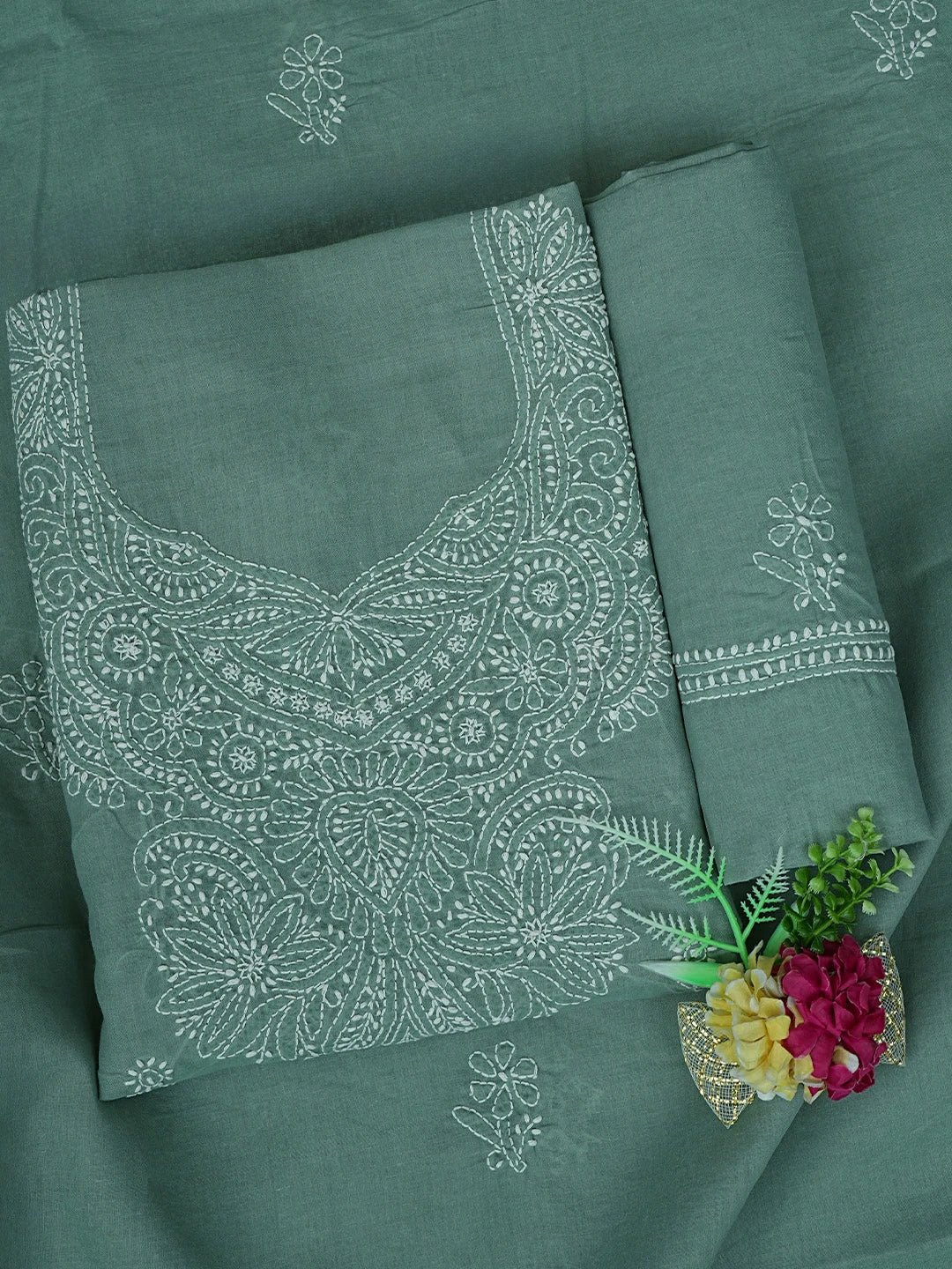 Ada Hand Embroidered Teal Green Cotton Lucknowi Chikankari Unstitched Suit Piece 01A867083