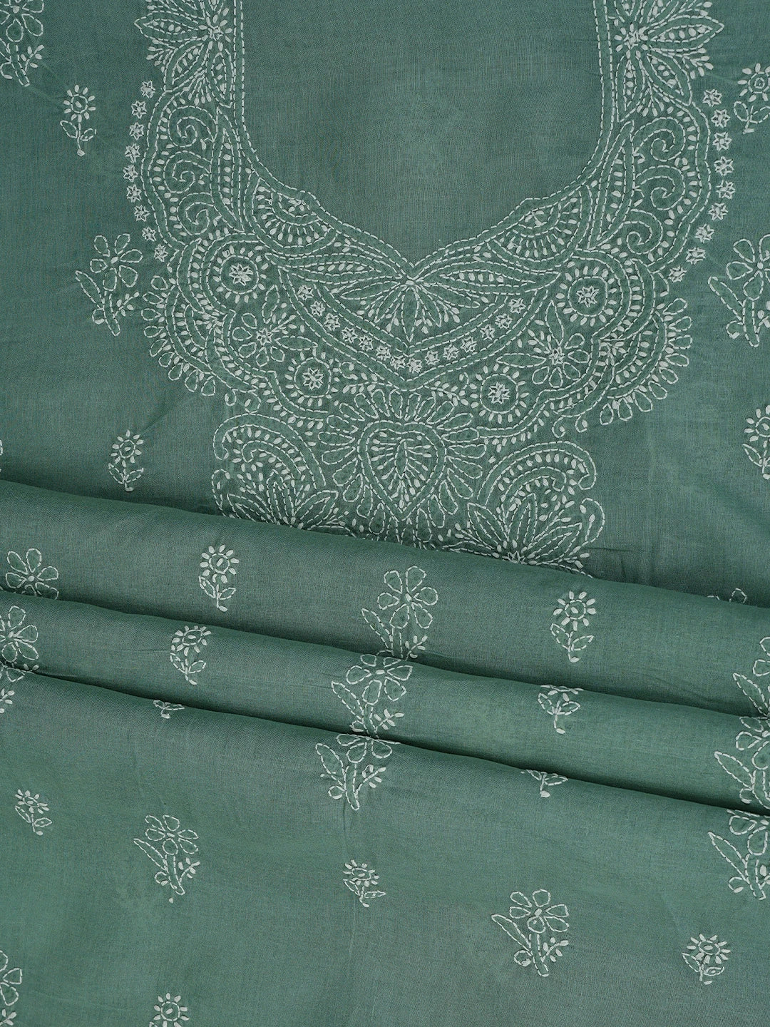Ada Hand Embroidered Teal Green Cotton Lucknowi Chikankari Unstitched Suit Piece 01A867083