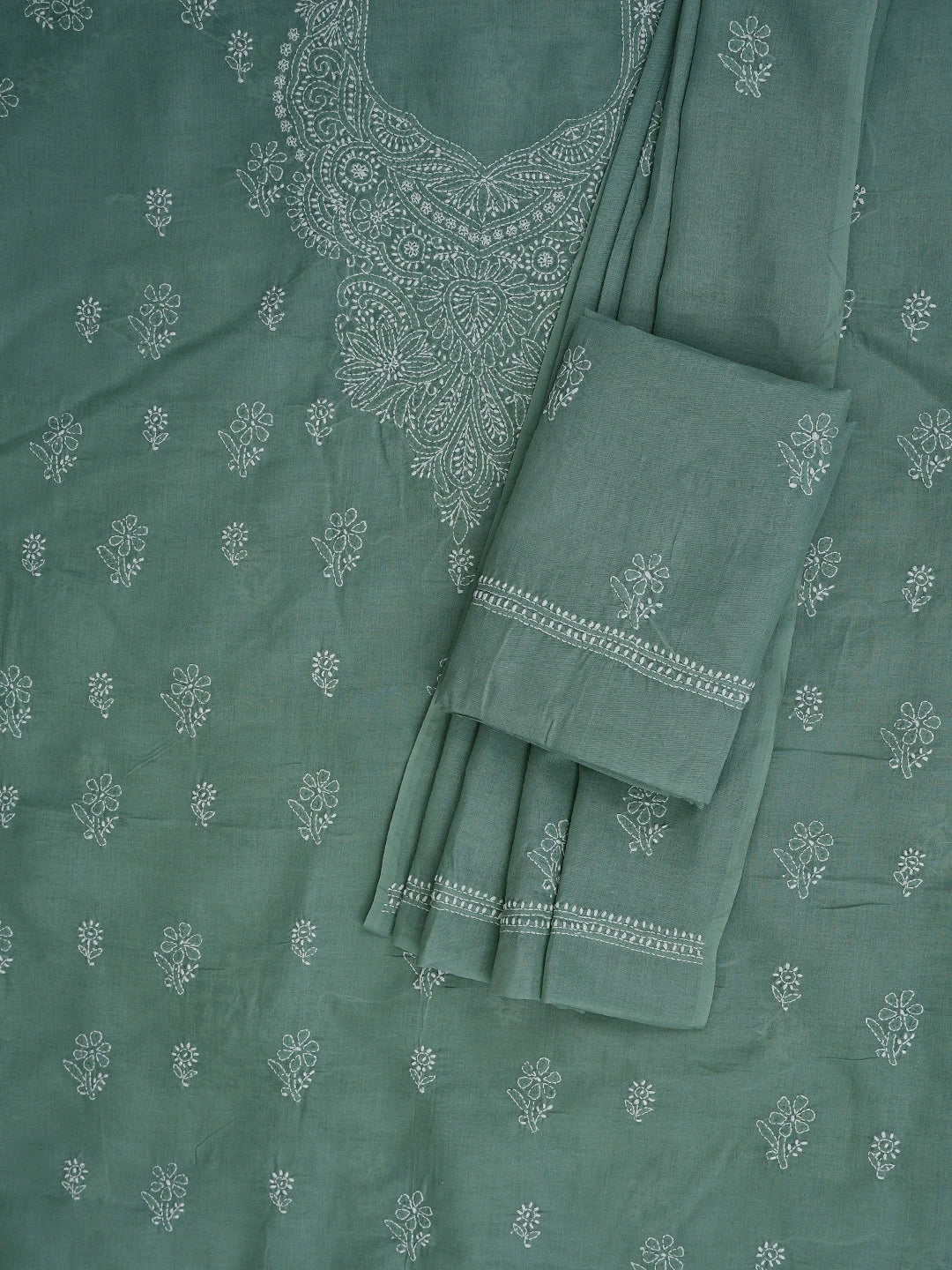 Ada Hand Embroidered Teal Green Cotton Lucknowi Chikankari Unstitched Suit Piece 01A867083