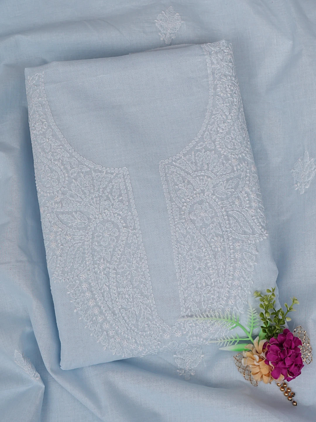 Ada Hand Embroidered Blue Cotton Lucknowi Chikankari Unstitched Suit Piece 01A867095