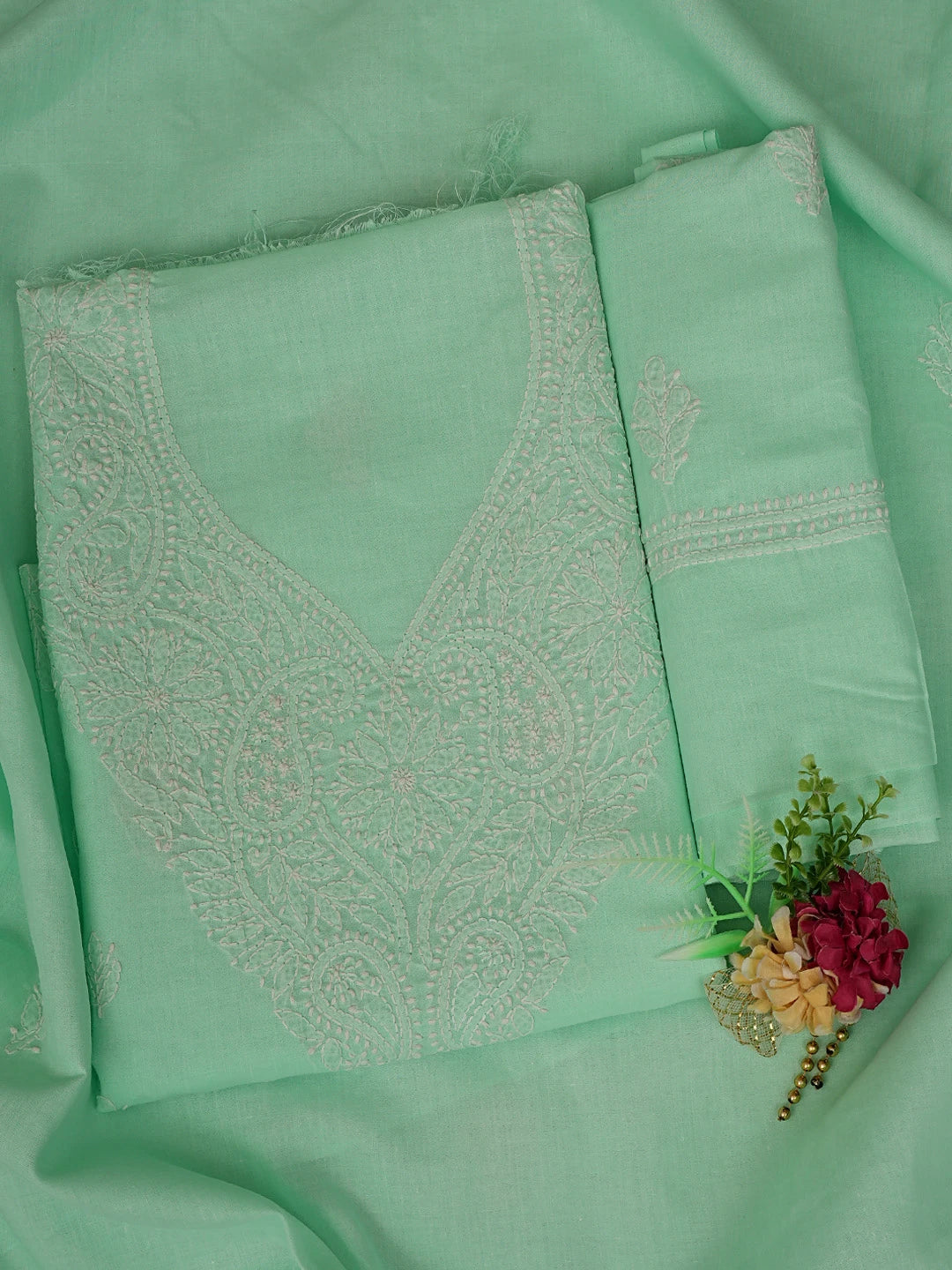 Ada Hand Embroidered Sea Green Cotton Lucknowi Chikankari Unstitched Suit Piece 01A867075