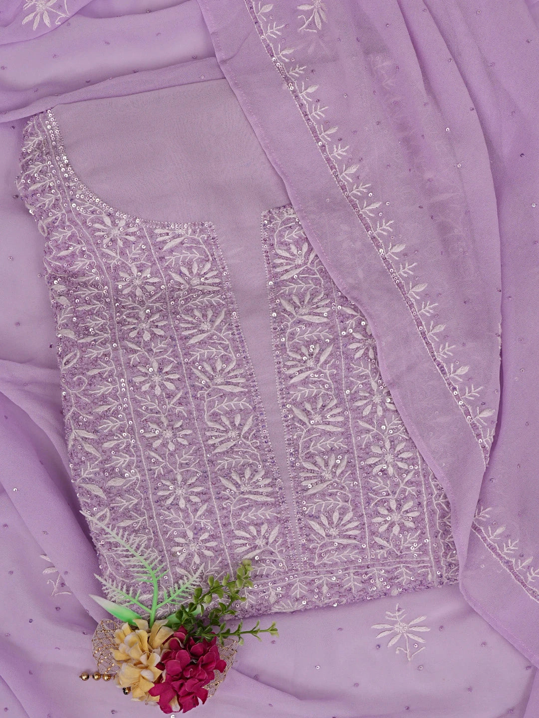 Ada Hand Embroidered Mauve Viscose Georgette Lucknowi Chikankari Unstitched Kurta Dupatta Set With Sequinned Work 01A664759